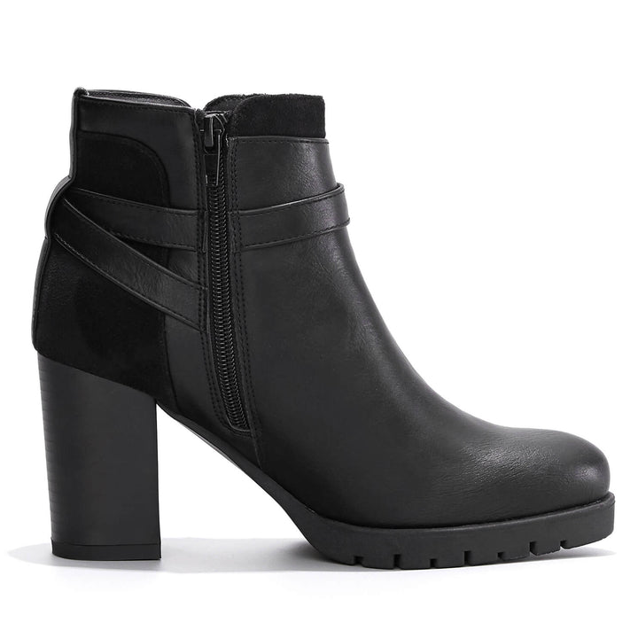 Black Chunky High Heel Ankle Strap Boots - MYSOFT
