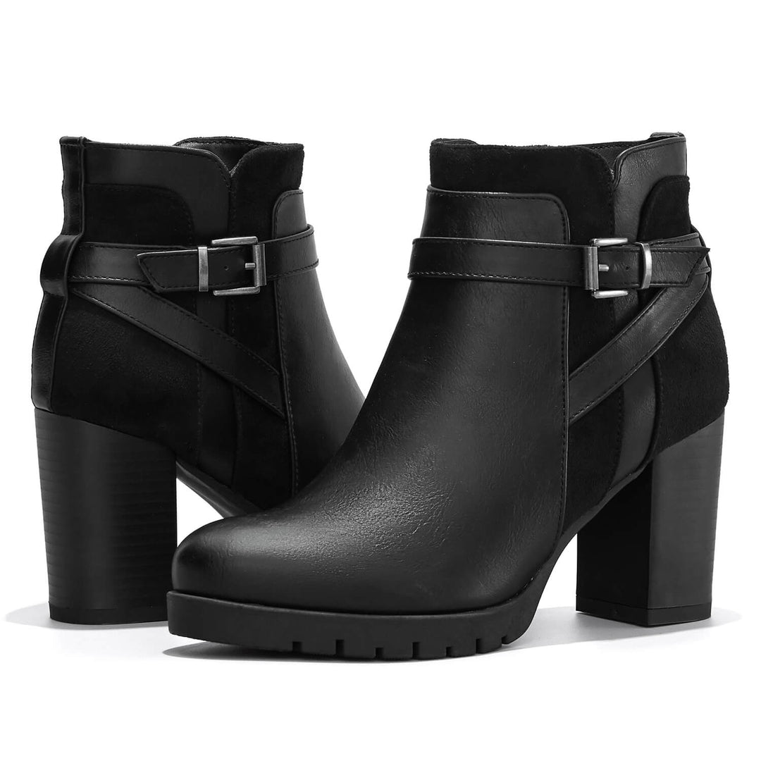 Black Chunky High Heel Ankle Strap Boots - MYSOFT