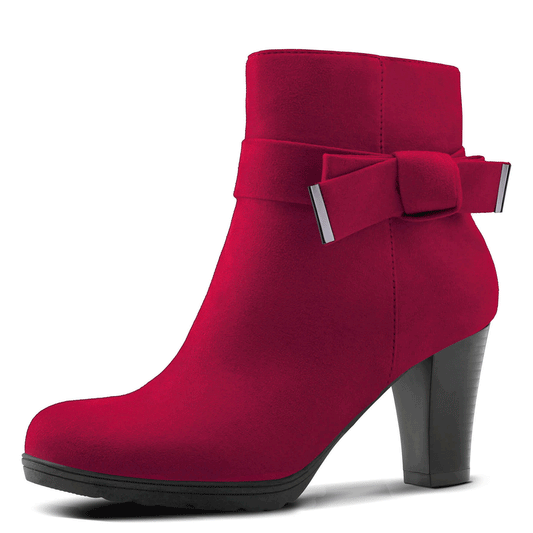 Bow Chunky Stacked Heel Suede Ankle Boots - MYSOFT
