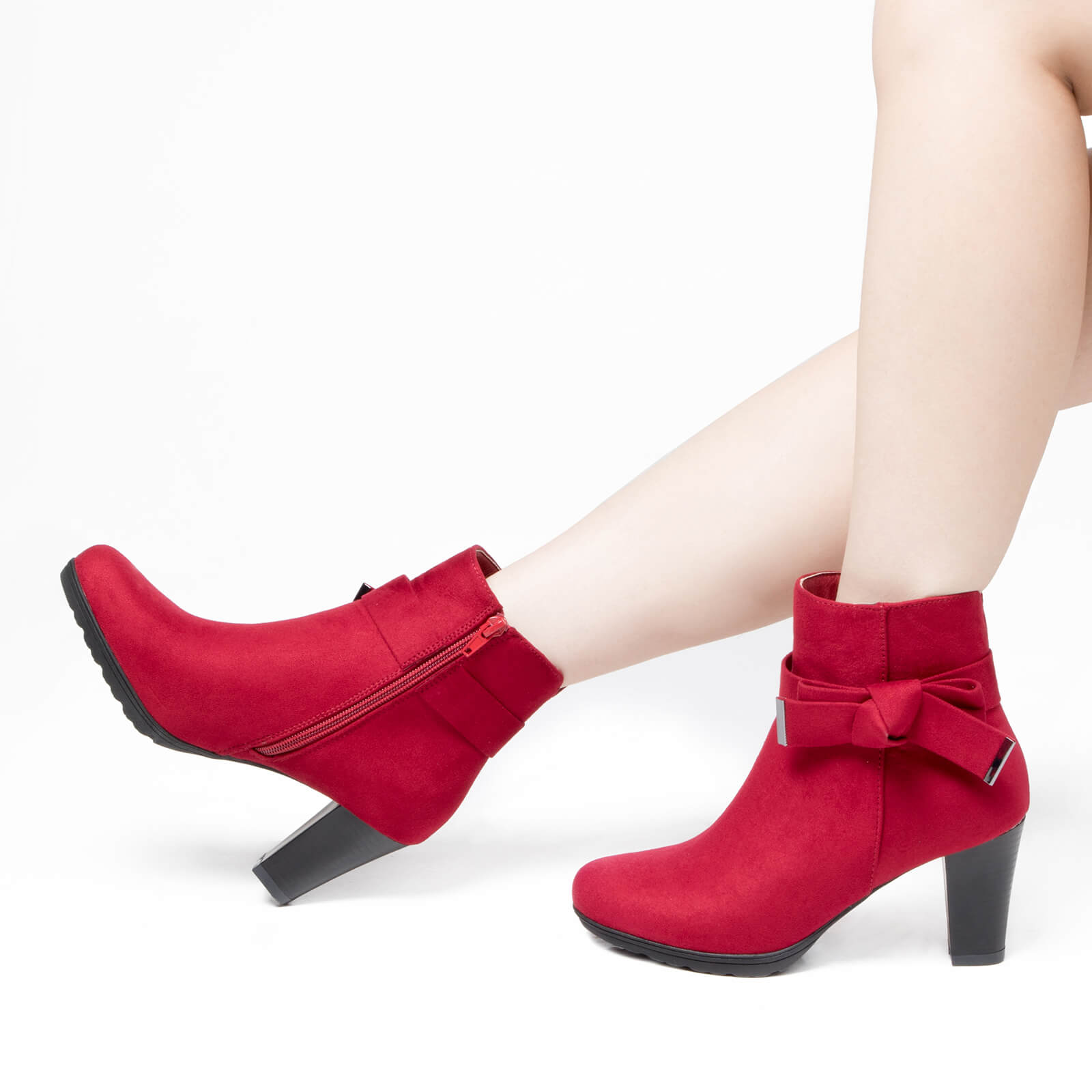 Bow Chunky Stacked Heel Suede Ankle Boots - MYSOFT