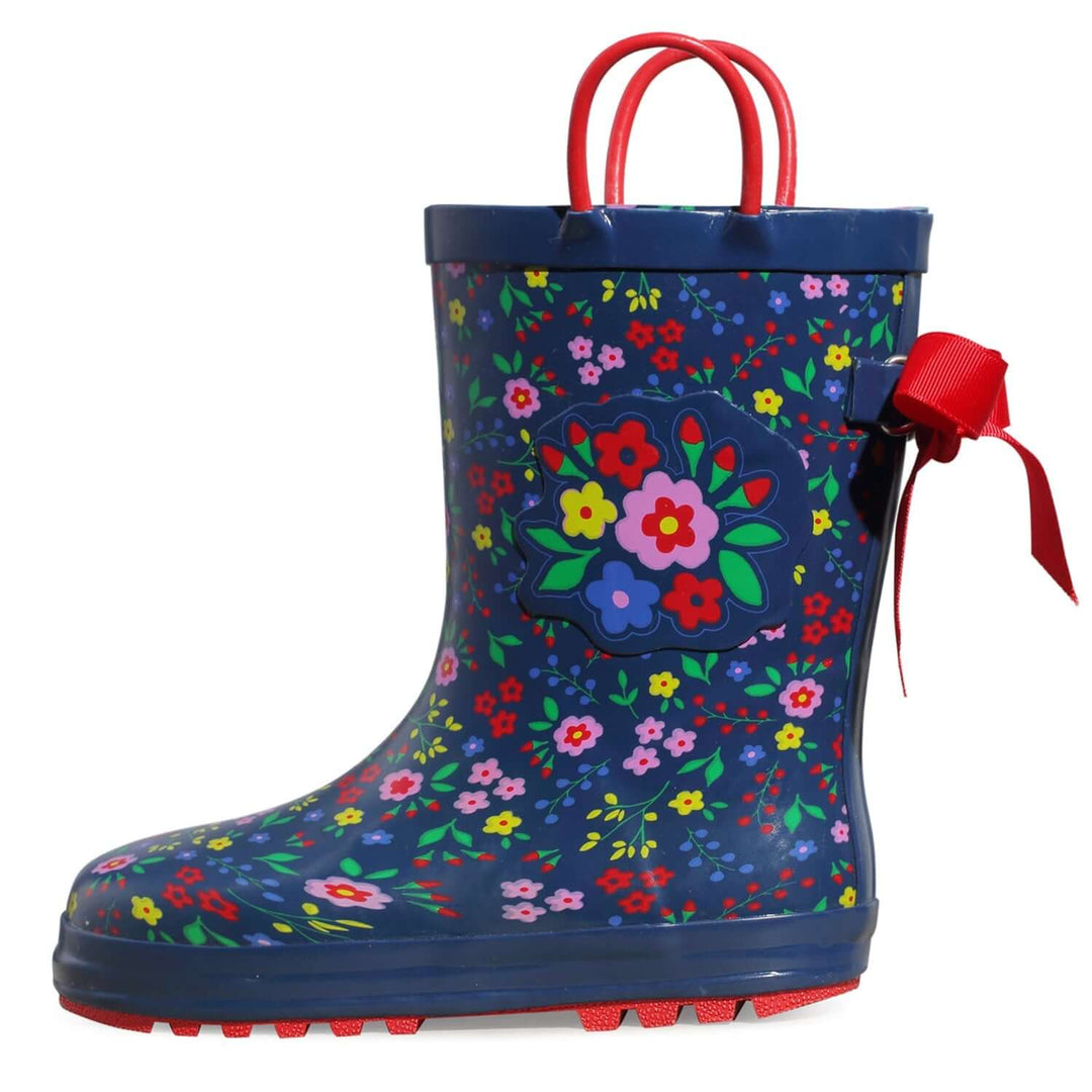 Floral Print 3D Bow Navy Rubber Rain Boots - MYSOFT