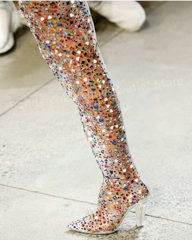 Mysoft Colorful Rhinestone Studded Clear PVC Over The Knee Boots